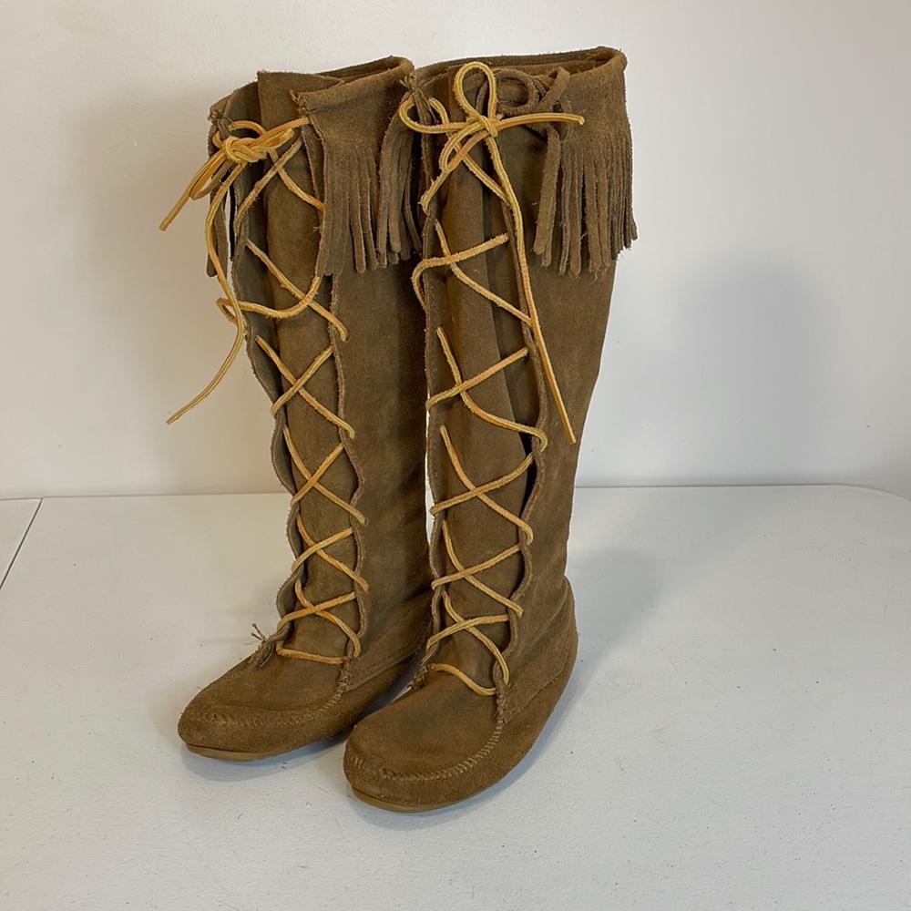 Minnetonka moccasins front lace knee high boot